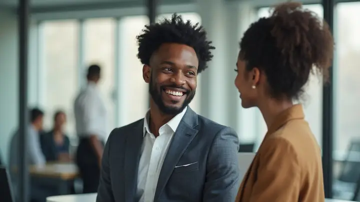 Manager welcoming a smiling young new employee on his first day at the office
