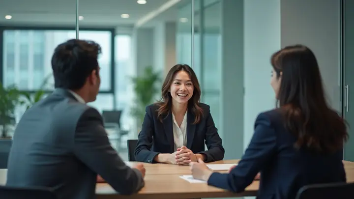 Young woman answering questions from two interviewers in a glass-walled meeting room
