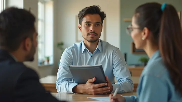 Young man talking with a recruiter during a job interview in a bright office