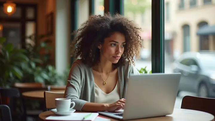 Young woman working on her laptop at a sunny café table