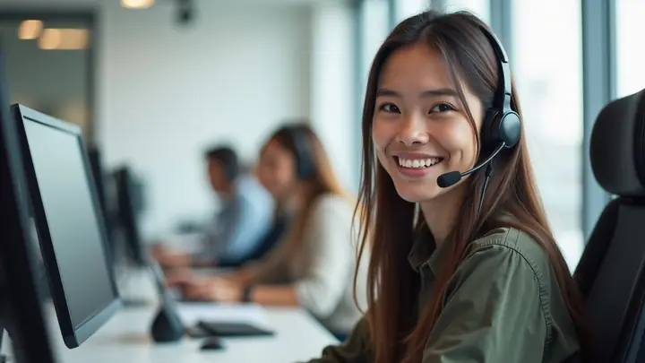 Friendly customer service agent with a headset working at a bright office desk