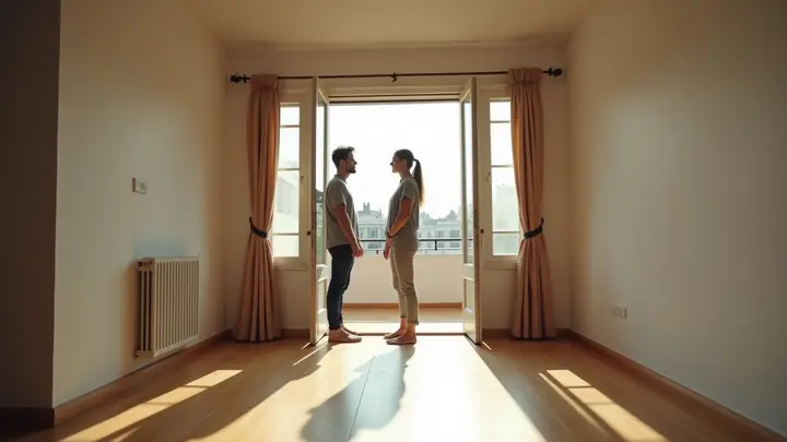 Young couple visiting a bright empty apartment for rent