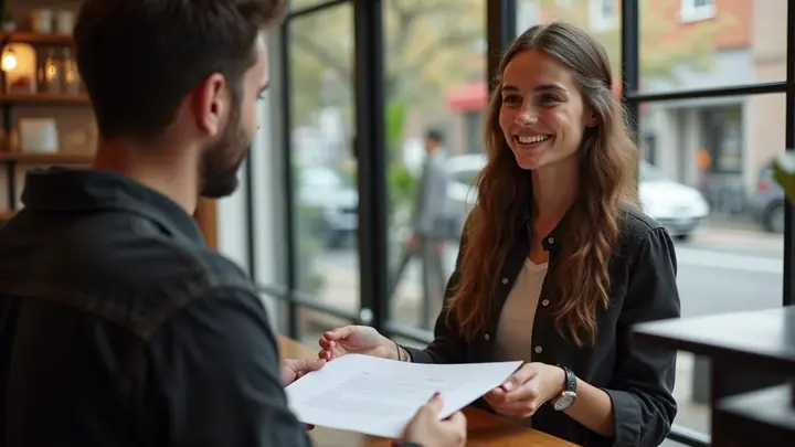 Job seeker handing a printed CV to a cafe manager during a walk-in