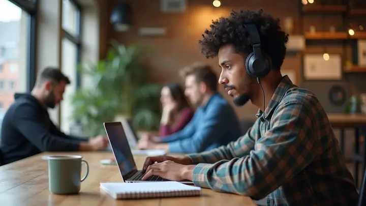 Freelancer working on a laptop with headphones in a busy co-working space